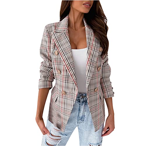 Anzugjacke Damen Blazer Elegante kariert Anzug Mantel Business Casual Anzug Doppelreiher Anzugjacken offene Vorderseite Geschäft Büro Jacke Schlanke Passform Bürodame Arbeitsanzug Für Hochzeit von Masrin