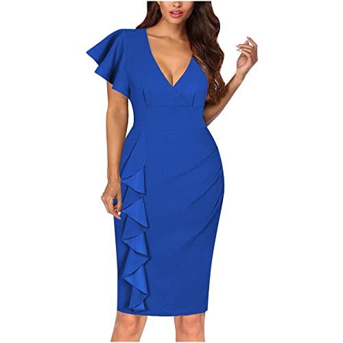 Arbeitskleidung Damen Elegantes einfarbiges Etuikleid V-Ausschnitt Rüschenärmeln Cocktailkleid Gerafftes Business Kleid mit Rüschen Partykleid Wickelkleid Bürodame Bleistiftkleid Figurbetontes Kleid von Masrin