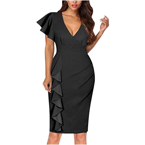 Arbeitskleidung Damen Elegantes einfarbiges Etuikleid V-Ausschnitt Rüschenärmeln Cocktailkleid Gerafftes Business Kleid mit Rüschen Partykleid Wickelkleid Bürodame Bleistiftkleid Figurbetontes Kleid von Masrin