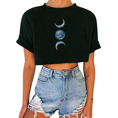 Bauchfreie Oberteile Damen Sexy Crop Tops Y2K Mond Druck Tshirt Rundhals Kurzärmlige Tee Tops Sommer T-Shirt Kurz Pulli Regular Fit Bluse Geschenk für Frauen Basic Shirt Beachwear Streetwear von Masrin