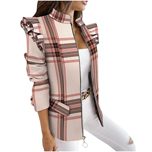 Blazer Damen Business Casual Anzug Anzugjacke mit Karomuster Bürodame Berufskleidung Stehen Langarmshirts Cardigan Bluse mit offenem Reißverschluss Übergangsjacke Wintermantel Winterjacke von Masrin