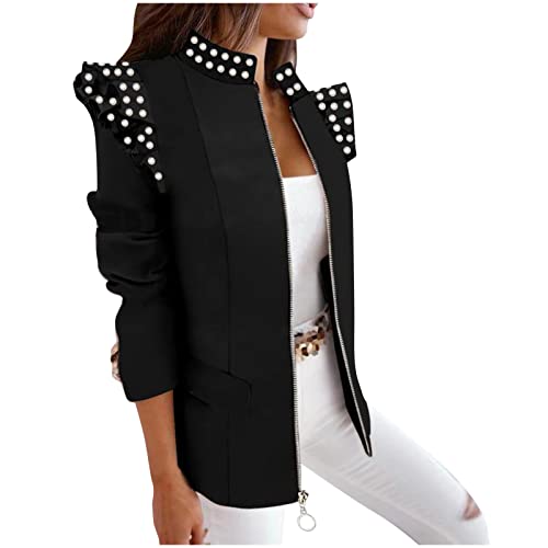 Blazer Damen Einfarbiger Business Freizeitanzug Jacke zum Heißbohren Bürodame Berufskleidung Fungus Langarmshirts mit Stehkragen Cardigan Bluse mit offenem Reißverschluss Übergangsjacke Winterjacke von Masrin