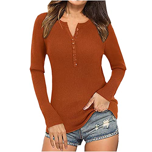 Bluse Damen Modische einfarbige gerippte Oberteile Langarm Pullover mit V Ausschnitt und Knopf Basic Hemdtunika Herbst Langarmshirts von Masrin