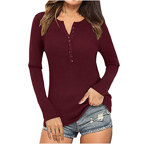 Bluse Damen Modische einfarbige gerippte Oberteile Langarm Pullover mit V Ausschnitt und Knopf Basic Hemdtunika Herbst Langarmshirts Bluse Damen Modische einfarbige gerippte Oberteile Langarm Pullover mit V Ausschnitt und Knopf Basic Hemdtunika Herbst Langarmshirts von Masrin