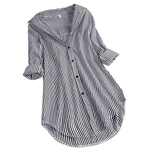 Bluse Damen Modisches Gestreiftem Druck Langarmshirt Umlegekragen Langen Ärmeln Oberteile Button Down Hemden Übergroße Hemdbluse Unregelmäßigem Saum Tunika Tops Plus Size Locker Blusentops S-5XL von Masrin