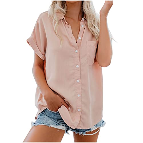 Bluse Damen Sommer Kurzarm Shirt mit Tasche Modisches einfarbiges Hemd Tops Kurzärmlige Hemdbluse mit Revers Bluse Oberteile mit Knöpfen vorne offen Blusentops Blusenshirt Shirtbluse S-3XL von Masrin