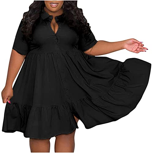 Blusenkleid Damen Einfarbiges A-Linien Kleid in Übergröße Einreihiges Hemdkleid Revers Kurzärmliges Sommerkleid Skaterkleid mit Rüschensaum Midikleid Partykleid Urlaub Strandkleid für Mollig XL-5XL Blusenkleid Damen Einfarbiges A-Linien Kleid in Übergröße Einreihiges Hemdkleid Revers Kurzärmliges Sommerkleid Skaterkleid mit Rüschensaum Midikleid Partykleid Urlaub Strandkleid für Mollig XL-5XL von Masrin