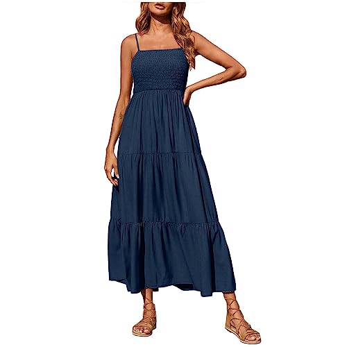 Böhmisches Strandkleid Damen Kleider Ärmelloses knöchellanges langes Maxikleid mit Spaghettiträgern Einfarbiges Faltenkleid Röhrenoberteile Skaterkleid Turmkleid mit Rüschensaum Sommerkleid von Masrin