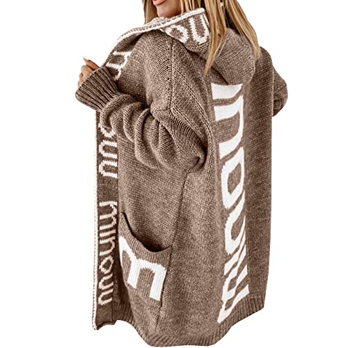 Buchstabendruck auf der Rückseite Lange Strickjacke mit Kapuze für Damen Y2k Strickmantel Knopflos Open Front Jacke Color Block Cardigan Oberteile Herbst Winter Outwear Strickmantel mit Taschen von Masrin