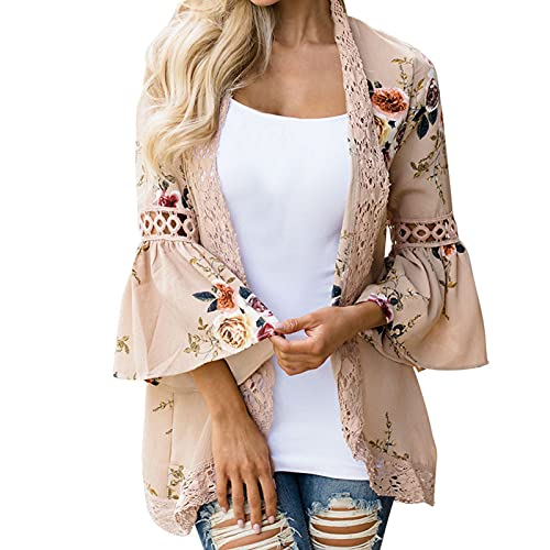 Chiffon-Cardigan für Damen Modische Spitzen-Patchwork-Oberteile Cape mit Blumendruck Langärmliger Mantel mit ausgestellten Ärmeln Lose Bluse Kimono Jacke(2XL,Khaki) von Masrin