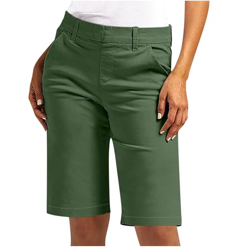 Chinohose Damen Knielang Sommer Kurzhose Einfarbige Shorts Lässige Twill Hose mit Reißverschlussleiste Elastisch Sommerhose Kurz Hosen mit Tasche Cargohose Anzughose Strandhose Freizeithose von Masrin