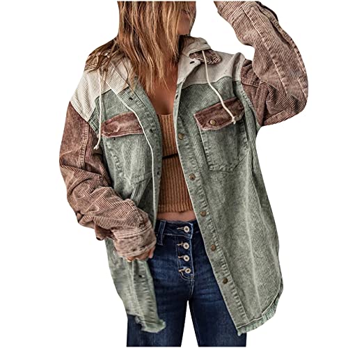 Cord Mantel mit Kapuze Damen Süße Jacke in Übergröße Warme Winterjacke Personalisierte Cordjacke Kapuzenjacke mit Farbblock Patchwork Revers Langarmshirts Einreihige Cardigan Bluse Übergangsjacke von Masrin