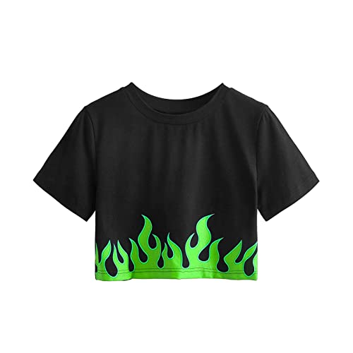 Crop Tops Damen Bauchfreies Oberteile Kurzes T-Shirt Sexy Bluse mit Flammendruck Heißes Mädchen Tanz Shirt Kurzärmlige/ärmellose Sommer Top mit Rundhals Basic Shirt Rückenfrei Streetwear von Masrin