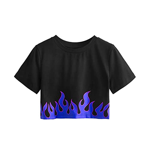 Crop Tops Damen Bauchfreies Oberteile Kurzes T-Shirt Sexy Bluse mit Flammendruck Heißes Mädchen Tanz Shirt Kurzärmlige/ärmellose Sommer Top mit Rundhals Basic Shirt Rückenfrei Streetwear von Masrin