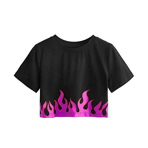 Crop Tops Damen Bauchfreies Oberteile Kurzes T-Shirt Sexy Bluse mit Flammendruck Heißes Mädchen Tanz Shirt Kurzärmlige/ärmellose Sommer Top mit Rundhals Basic Shirt Rückenfrei Streetwear von Masrin