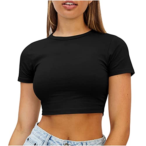 Crop Tops Damen Kurze Bauchfreies Oberteile Sexy einfarbige Bauchnabel T-shirt Kurzärmliges Basic Shirt mit Rundhalsausschnitt Sommer Tops Heiße Mädchen Tanz Shirt Sportshirt Laufshirt von Masrin