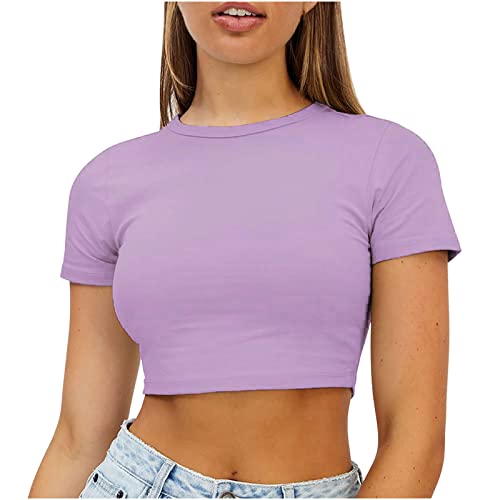 Crop Tops Damen Kurze Bauchfreies Oberteile Sexy einfarbige Bauchnabel T-Shirt Kurzärmliges Basic Shirt mit Rundhalsausschnitt Sommer Tops Heiße Mädchen Tanz Shirt Sportshirt Laufshirt von Masrin