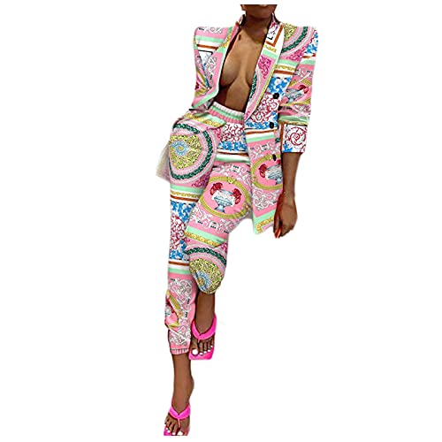 Damen Blazer Zweiteiler Fashion Leopard Blumendruck Anzug Set Langarm Anzugjacke mit Revers + Hose mit elastischer Taille und hoher Taille Business Casual Anzug Partykleidung Damen Blazer Zweiteiler Fashion Leopard Blumendruck Anzug Set Langarm Anzugjacke mit Revers + Hose mit elastischer Taille und hoher Taille Business Casual Anzug Partykleidung von Masrin