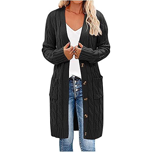 Damen Pullover Strickjacke Lässige einfarbige Lange Bluse mit Taschen Knopfleiste vorne offen Herbst Winter Dicke Oberbekleidung Langärmlige schmale Jacke von Masrin