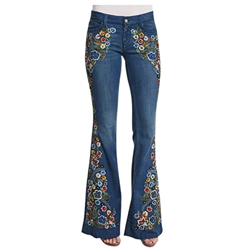 Damen Schlagjeans Modische Jeanshose mit Blumenstickerei Ausgestellte Hose mit niedriger Taille Schmale Röhrenjeans Hüfthebende Freizeithose Freizeithosen Straßen Denim Laufsteghose von Masrin