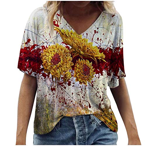 Damen T-Shirt Frühling Sommer Szenische Blumen Tiermotiv Tops Bunte 3D-gedruckte Pullover Casual Kurzarm V-Ausschnitt Tunika Vintage T-Shirt Bluse(XXL,Rot5) von Masrin