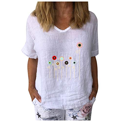 Damen Tops Casual Kurzarm T-Shirt mit Blumenmuster V-Ausschnitt Baumwolle Leinen Lose Tunika Bluse(L,Weiß) von Masrin