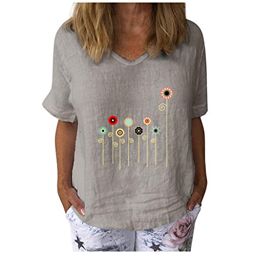 Damen Tops Casual Kurzarm T-Shirt mit Blumenmuster V-Ausschnitt Baumwolle Leinen Lose Tunika Bluse(M,Grau) von Masrin