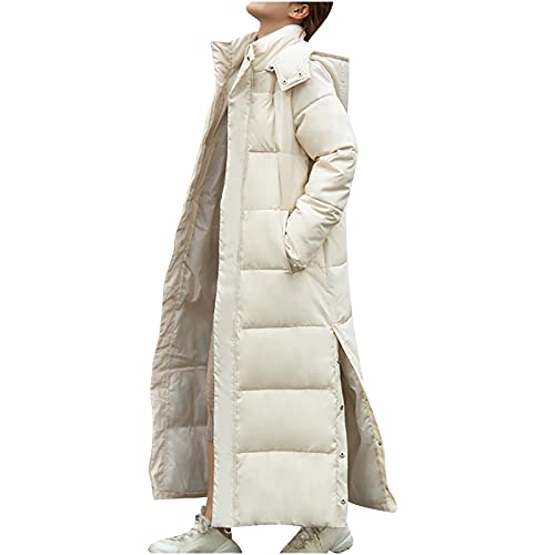 Daunenjacke mit Kapuze Damen Langer Warmer wattierter Mantel Einfarbige Winterjacke Knöchellange geschlitzte Steppjacke Daunenjacke mit Rollkragen Wintermantel Bomberjacken Übergangsjacke von Masrin