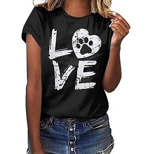 Dog Paw Printed T-Shirt Damen Tops Sommer Kurzarm Basic Pullover Casual Love Letter Motiv Tunika O-Neck Loose Bluse(S,Z1 Schwarz) von Masrin