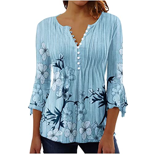 Elegante Bluse für Damen Tshirt mit 3/4 Ärmeln Modische Blumenmotiv Oberteile Blusenshirt mit Knopfleiste Plissee Langarmshirt V-Ausschnitt Dreiviertel Ärmeln Hemdbluse Blusentops Partywear Elegante Bluse für Damen Tshirt mit 3/4 Ärmeln Modische Blumenmotiv Oberteile Blusenshirt mit Knopfleiste Plissee Langarmshirt V-Ausschnitt Dreiviertel Ärmeln Hemdbluse Blusentops Partywear von Masrin