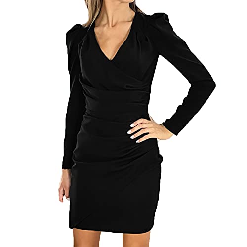 Etuikleid Damen Business Casual Kleid Einfarbige Berufskleidung Figurbetontes Kleid mit V Ausschnitt und Langen Ärmeln Gerafftes eng anliegendes Kleid Kurzes Kleid Party Kleider Etuikleid Damen Business Casual Kleid Einfarbige Berufskleidung Figurbetontes Kleid mit V Ausschnitt und Langen Ärmeln Gerafftes eng anliegendes Kleid Kurzes Kleid Party Kleider von Masrin