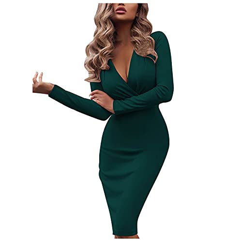 Etuikleid für Damen Sexy einfarbiges figurbetontes Kleid Enges Kleid mit tiefem V-Ausschnitt und Langen Ärmeln Partykleid mit hoher Taille Club-Kleid Tasche Hüftkleid(2XL,Grün) von Masrin