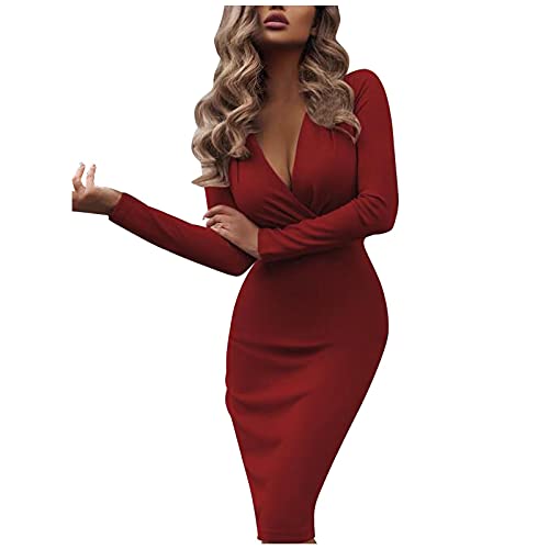 Etuikleid für Damen Sexy einfarbiges figurbetontes Kleid Enges Kleid mit tiefem V-Ausschnitt und Langen Ärmeln Partykleid mit hoher Taille Club-Kleid Tasche Hüftkleid(M,Rot) von Masrin