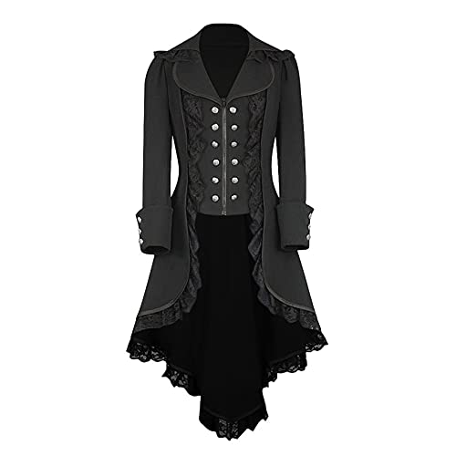 Frack Damen Mantel mit Retro Spitze Vintage Mittelalter Party Kleidung Renaissance Jacke Revers Langarm Unregelmäßige Oberbekleidung Schmale Bluse mit Reißverschluss und Knöpfen von Masrin