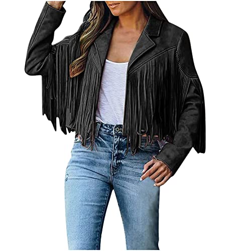 Fransenmantel Damen Mantel im Cowboy Stil Jacke aus Wildlederimitat Langarm Cardigan Mantel mit Quasten Motorradjacke Übergangsmantel Übergangsjacke Winterjacken Trench Coat Wintermantel von Masrin