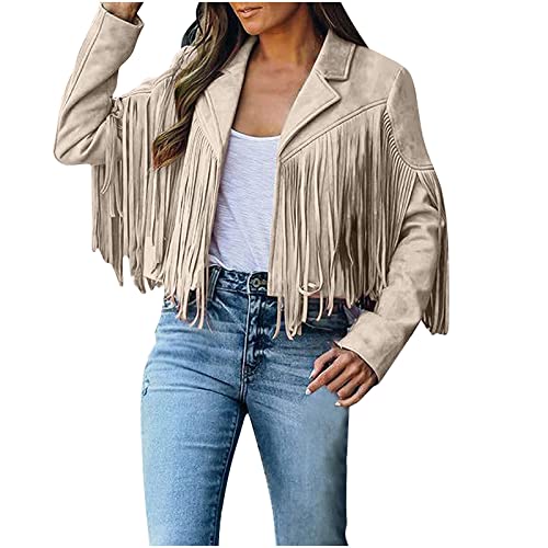 Fransenmantel Damen Mantel im Cowboy Stil Jacke aus Wildlederimitat Langarm Cardigan Mantel mit Quasten Motorradjacke Übergangsmantel Übergangsjacke Winterjacken Trench Coat Wintermantel von Masrin