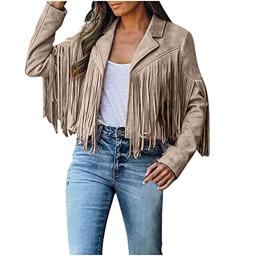 Fransenmantel Damen Mantel im Cowboy Stil Jacke aus Wildlederimitat Langarm Cardigan Mantel mit Quasten Motorradjacke Übergangsmantel Übergangsjacke Winterjacken Trench Coat Wintermantel von Masrin