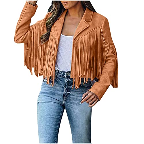 Fransenmantel Damen Mantel im Cowboy Stil Jacke aus Wildlederimitat Langarm Cardigan Mantel mit Quasten Motorradjacke Übergangsmantel Übergangsjacke Winterjacken Trench Coat Wintermantel von Masrin