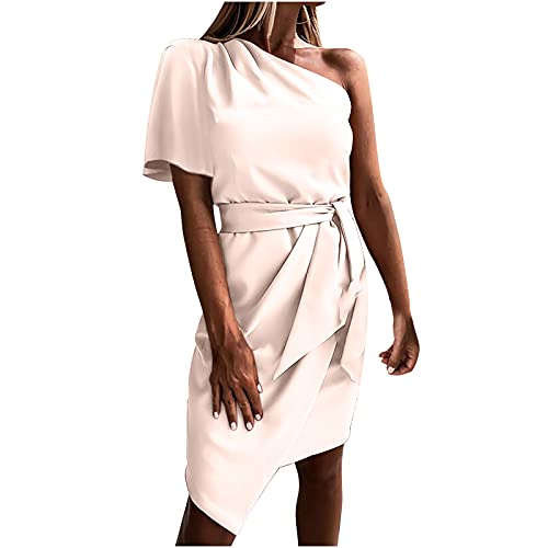 Frauen Kleid Lässig Einfarbig Business Kleid Ärmellos One Shoulder Sashes Unregelmäßiges Etuikleid Elegantes Partykleid(L,Weiß2) von Masrin