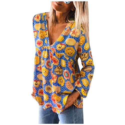 Frauen Tops Mode Bunte Blumen 3D-Bedruckte Pullover Langarm V-Ausschnitt Shirt Casual Loose Tunika Bluse(L,Gelb) von Masrin