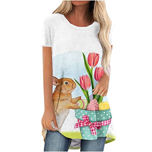 Frohe Ostern Locker Lang Pullover Damen Longshirt Modisches Ostereier Osterhase Druck T-shirt Sommer O-ausschnitt Kurzärmlige Tops Hase Loose Fit Tunika Bluse Karnevals Kostüm T Shirt Für Frauen von Masrin