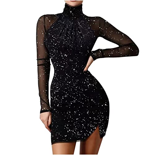 Glänzendes Paillettenkleid für Damen Kleider Sexy einfarbiges Etuikleid Rollkragen Langarm Minikleid Schlankes Figurbetontes Kleid Mesh Ärmel Clubkleid Karnevalskleid Partykleid Ballkleid von Masrin