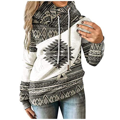 Hoodies Damen Pullover im ethnischen Stil mit geometrischem Druck Retro Kapuzenoberteile mit Pferdemotiv Tunikabluse mit Latzkragen und Langen Ärmeln Warmes Winter Plüsch Sweatshirt Leichter Mantel von Masrin