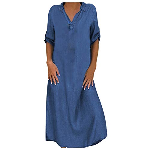 Jeanskleid Damen Lässiges einfarbiges Etuikleid Maxikleid mit Revers und Rollärmeln Knöchellanges langes Kleid mit V Ausschnitt und halben Ärmeln Lockeres Partykleid Strandkleid Sommerkleid von Masrin