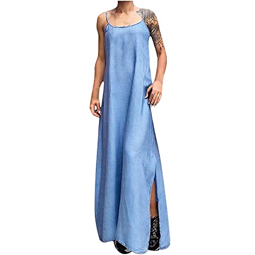 Jeanskleid für Damen Ärmelloses Sommerkleid mit Spaghettiträgern Einfarbig geteiltes Sommerkleid Lässiges Bodenlanges Maxi Langes Kleid Strandkleid für den Urlaub(L,Hellblau) von Masrin