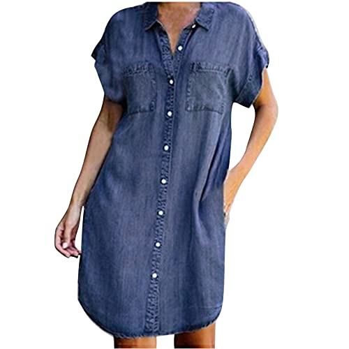 Jeanskleid für Damen Sommer Umlegekragen Kurzarm Hemdblusenkleid Einfarbiges, lockeres Etuikleid mit Taschen Knielanges Kleid Trendige Streetwear(XL,Dunkelblau) von Masrin