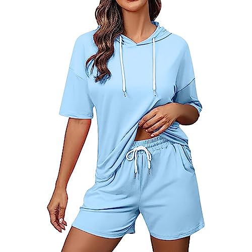 Jogginganzug Damen Sommer Einfarbiges Trainingsset Kurzarm Hoodie + Elastische Taille Shorts Activewear Zweiteiler Set Sportbekleidung Trainingsanzüge Gym Workout Fitness set Sport Kleidung Outfit von Masrin