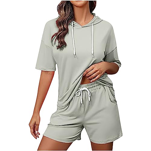 Jogginganzug Damen Sommer Einfarbiges Trainingsset Kurzarm Hoodie + Elastische Taille Shorts Activewear Zweiteiler Set Sportbekleidung Trainingsanzüge Gym Workout Fitness set Sport Kleidung Outfit von Masrin