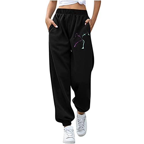 Jogginghose Damen Sporthose mit Katzen Grafik Fitnesshose mit elastischer Taille Weite Hose mit weitem Bein Freizeithose mit Kordelzug Wanderhose Trainingshose Outdoorhose Trainingsanzug Sweatpants von Masrin