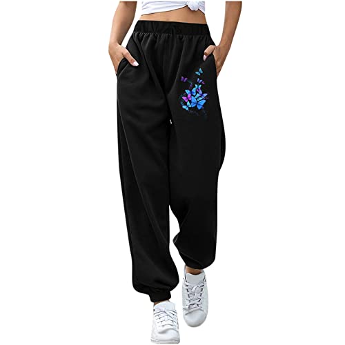 Jogginghose Damen Sporthose mit Schmetterlings Grafik Fitnesshose mit elastischer Taille Weite Hose mit weitem Bein Freizeithose mit Kordelzug Wanderhose Trainingshose Outdoorhose Trainingsanzug von Masrin